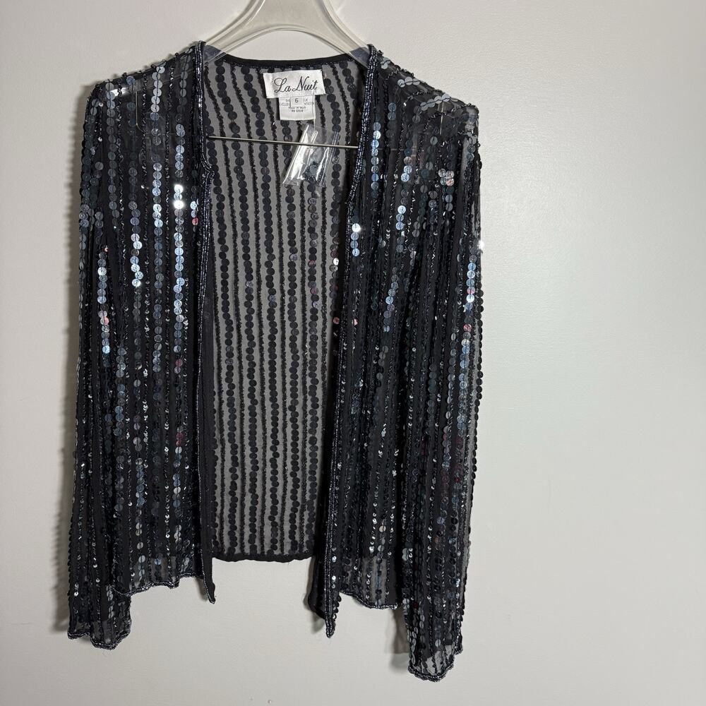 La Nuit Black Sequin Sheer Jacket Cardigan Open Front Beaded Sequin Silk Party 6